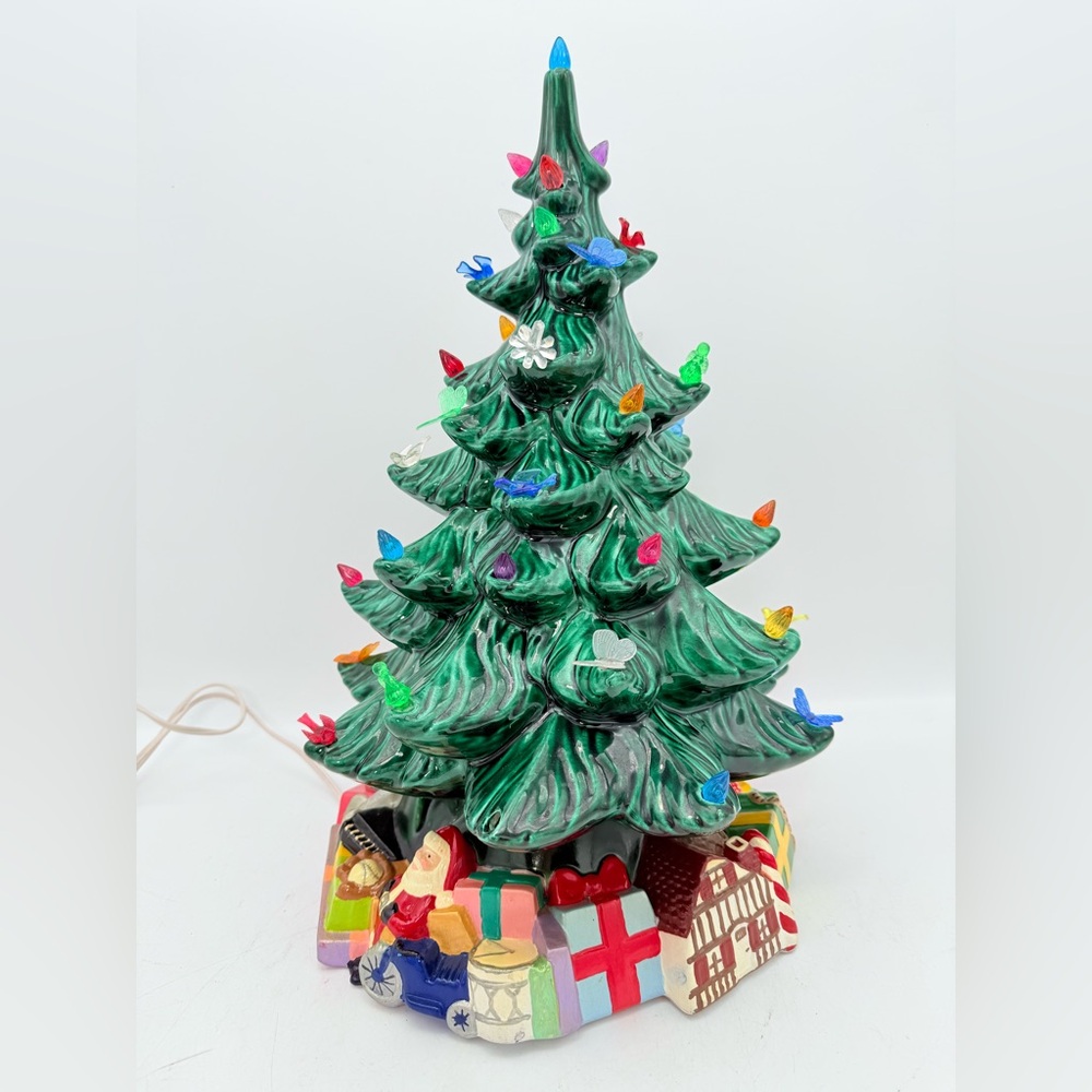 Vintage Ceramic Christmas Tree - Green Multi Light Two Layer with Present Base